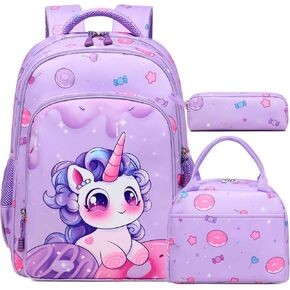 Kimwadalh Girls Backpack with Lunch Box Pencil Case for Elementary School, 3 in 1 Schoolbag with Chest Strap for School Girls