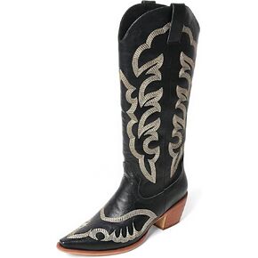 MEOTINA Cowgirl Boots Women Wide Calf Cowboy Booties Womens Square Toe Tall Western Boot Ladies Embroidered Wedding Shoes