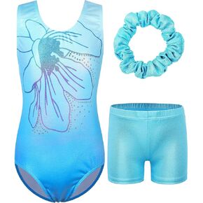 BAOHULU Gymnastics Leotards for Girls Shiny BlueSnowflake One Piece Dance Outfit with Tumbling Shorts Bottom