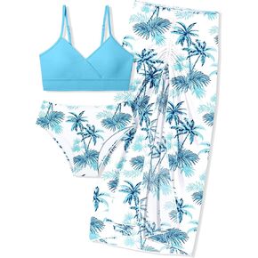 Shallmu Girls Swimsuit Bikini Set 3 Piece Tropical Print Bathing Suit Quick Dry Cover Up Skirt Swimwear 7-16Y