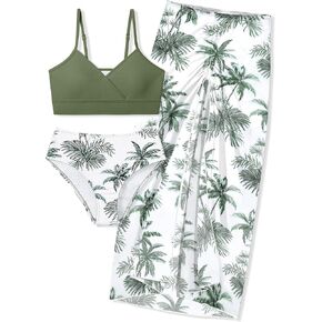 Shallmu Girls Swimsuit Bikini Set 3 Piece Tropical Print Bathing Suit Quick Dry Cover Up Skirt Swimwear 7-16Y