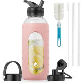 64 Oz Glass Water Bottles with 3 Lids, Half Gallon Water Bottle with Straw Handle, Large Sport Motivational Water Bottle with Silicone Sleeve and Time Marker, Water Jug for Sport (Black)