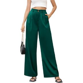 Women Casual High Waist Satin Dress Pants, Button Wide Leg Straight Long Trousers, Work Pants with Pockets for Women.