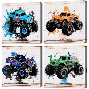The Mode Art Monster Truck Wall Art 4 Pieces Prints for Kids Rooms Home Office Canvas Artwork Painted truck Theme Photos Wall Decor in the Boy's Bedroom Each Size: 12"x12"