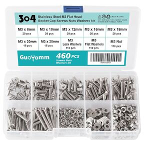 400 PCS M3 x 30mm 35mm 40mm 45mm 50mm, Flat Head Hex Socket Cap Screws Countersunk Bolts Washers Nuts Kit, Stainless Steel 304, Metric Allen Hex Drive, Fully Threaded