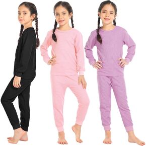 Resinta 3 Sets Girls Waffle Thermal Underwear Set Winter Waffle Cotton Thermal Top and Bottom Long Johns Warm Base Layer in Kuwait