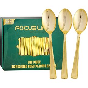 FOCUSLINE 300 Pack 6.8" Disposable Silver Plastic Spoons, Solid and Durable Plastic Cutlery Spoons, Heavy Duty Disposable Utensil Silverware for Catering, Parties, Dinners, Weddings
