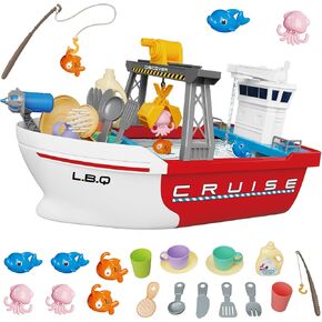 Toy Boat, Kids Bath Toy with Mini Fishes and Tools Dolls, Bathtub Bathroom Pool Beach Toy Set for Toddlers Boys