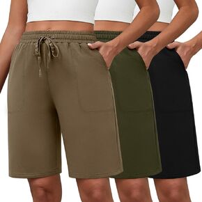 Riyiper 3 Pack Women's Bermuda Athletic Shorts High Waist Shorts with Pockets Drawstring Shorts Knee Length