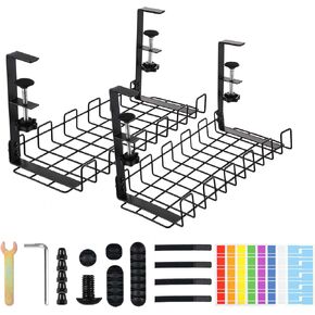 2 Pack Under Desk Cable Management Tray, Upgraded Wire Management No Drill No Screws, Cable Tray with Clamp for Desk Wire Management, Computer Cable Rack for Office, Home - No Damage to Desk White