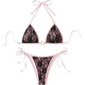SOLY HUX Bathing Suit for Women Floral Lace Halter Triangle Tie Side Swimsuit Two Piece Bikini Sets