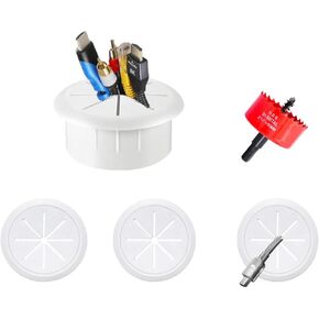 SweAtz 4 Pack TV Wire Hider for Wall,Desk Grommet 2-3/8""(60mm) Cord Hider in Wall Cable Management Kit with 1 Hole Saw Drill Attachment Ideal Solution for Office and Home Table Cable (White, 4 Pack)