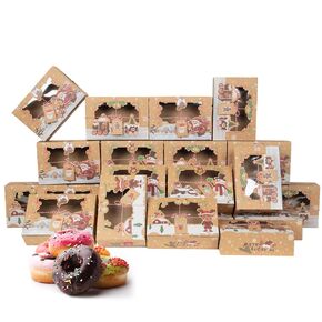 12 Pack Christmas Cookie Boxes, Foldable Treat Box with Window, for Pastries, Cupcakes, Candy and Gift Giving, Food Grade Kraft Bakery Boxes, Reindeer Santa Cookie Boxes, Style A