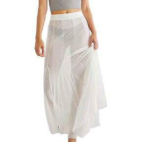 Women's Sheer Mesh Long Maxi Skirts High Waisted Summer Swimsuit Cover Up See-Through Beach Flowy Long Tulle Skirt