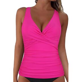 Mycoco Women's Underwire Tankini Top Twist V Neck Push Up Swim Top Ruched Bathing Suit Tops Only