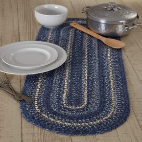 VHC Brands Great Falls, Braided Jute Table Runner, Oval, Blue, 8x25