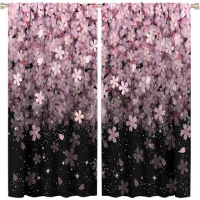Pink Floral Curtains Flower Galaxy Starry Sky Romantic Dream Black Art Print for Girls Women Living Room Bedroom Kitchen Decor Rod Pocket Blackout Window Drapes 2 Panels 42x63in