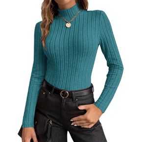 Ekouaer Women's Mock Turtleneck Long Sleeve Shirts Fall Ribbed Tops Fleece Basic Layering Soft Thermal Undershirts Tee