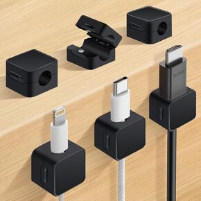 6 Pack Magnetic Cable Clips+2 Sheets (20 Lables) Cute Self-Adhesive Sticker Lables, 11.5mm Ultra Slim Smooth Adjustable Cord Organizer, Under Desk Cable Management for Home/Office/Kitchen/Nightstand