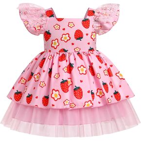 AWIBMK Kids Girls Strawberry Ruffle Tulle Dress Birthday Party Dresses Lace Flutter Sleeve Square Neck Cake Smash Outfits