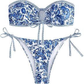 WDIRARA Women's 2 Piece Animal Print Bandeau Ruched Tie Front Swimsuit Cheeky Bikini Set