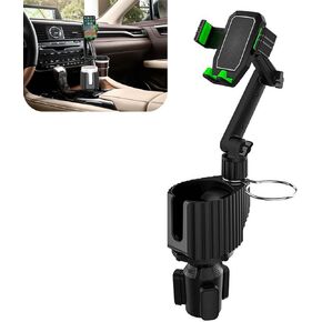 1 PC Car 2-in-1 Cup Holder Cell Phone Holder, Self-Controlled Spring Cup Holder with 2.5"-3.5" Adjustable Base, 2.5"-4.1" 360 Degree Rotating Phone Holder, Universal for Cars (Black & Green)