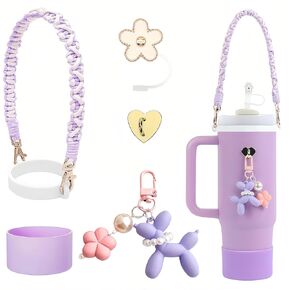 Stanley Cup Accessories for 30oz 40oz Tumbler, Silicone Stanley Cup Boot, Cute Dog Decorative Charms Flower Straw Topper Cover Cap for Stanley Cup Water Bottle Handle Strap with Ring (White)