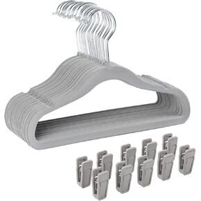 Finnhomy Non-Slip Clothes Hanger for Baby and Kids 30-Pack Velvet Hangers with 10 Finger Clips,Beige