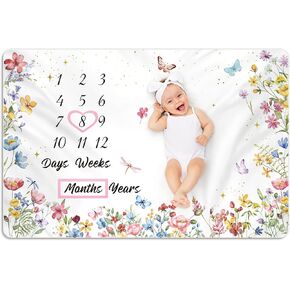 Nuanchu Wildflower Baby Monthly Milestone Blanket for Baby Girl Boy 60" x 40" Soft Fleece First 12 Months Growth Chart Newborn Photography Background Baby's First Year Milestone Blanket Nursery Decor