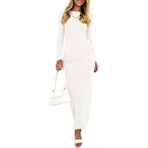 PRETTYGARDEN Women 2 Piece Outfits Long Sleeve Asymmetric Slit Hem Tops Midi Bodycon Skirt Sets Lounge Knit Sweater Set