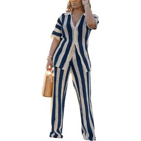 Fooullaide Women's Summer Knit Color Block Two Piece Outfits Button Down Short Sleeved Hollow Out Shirts Long Pants beach Set