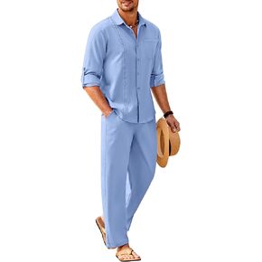 COOFANDY Mens Linen Sets 2 Piece Long Sleeve Button Down Cuban Shirt and Pants Set Summer Beach Set Outfits