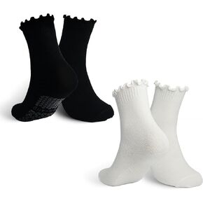 Yoga Socks Non Slip Grips Anti Skid Women Athletic Socks Pilates Ballet Barre Crew Socks Ruffle Cuff 2 Pairs