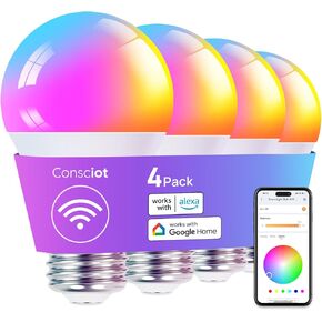 مصابيح الإضاءة الذكية Consciot، لمبة الإضاءة LED التي تعمل مع Alexa وGoogle Home، مزامنة الموسيقى، لمبة الإضاءة المتغيرة اللون RGBTW، A19 E26 2.4 جيجا هرتز مصابيح WiFi 60 وات مكافئة، 800 لومن قابلة للتعتيم، 6 عبوات in Kuwait