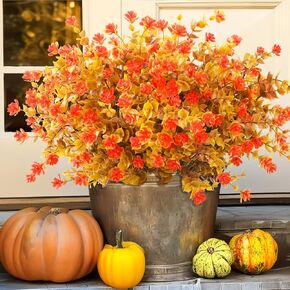 Artificial Fall Autumn Fake Outdoor Plants Flowers,12 Bundles Faux Outside Plastic Greenery Shrubs UV Resistant No Fade for Home Indoor Outside Garden Porch Patio Yard Fall Decoration（Orange