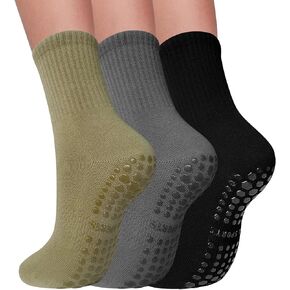 3 Pairs Pilates Socks with Grips for Women, Grip Socks for Yoga Crew Socks for Barre Non Slip Socks