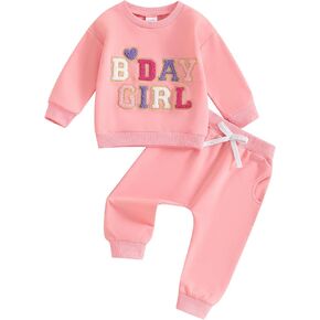 Kayotuas Baby Girl Fall Clothes Birthday Girl Outfit Letter Embroidery Sweatshirt Long Sleeve Pullover Tops & Pants 2Pcs Set