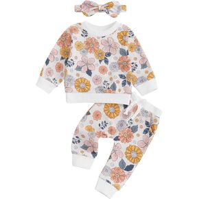 fhutpw Newborn Infant Baby Girl Clothes Floral Printed Sweatshirt Pants Set 3 6 9 12 18 24 Months Fall Winter Outfits