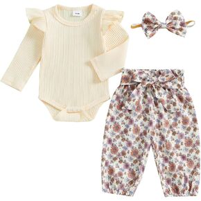 TheFound Infant Baby Girl Clothes Ruffled Ribbed Romper Daisy Print Pants Toddler Baby Clothes for Girls 3 6 12 18 24 Months