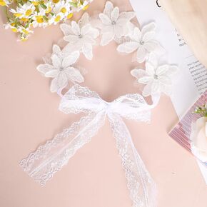 Lusofie Flower Headband for Baby Girl Cute Baby Flower Headband White Baby Headband Soft Lace Baby Flower Crown Newborn Headband Bows White Flower Elastic Hair Accessories for Baby Girls