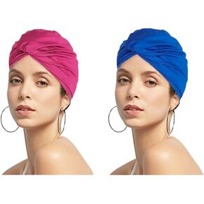 Women Pleated Fabric Swim Cap Elastic Long Curly Hair Bathing Cap Breathable Knotted Swimming Turban Non-Waterproof Swimming Hat Wrap