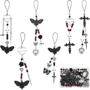 SUNNYCLUE 1 Box 6 Straps Phone Charm Making Kit Halloween Phone Charms Strap Skeleton Moth Butterfly Cross Cellphone Charm Gothic Phone Charm for Women Adults DIY Keychain Moblie Phone Case Decor