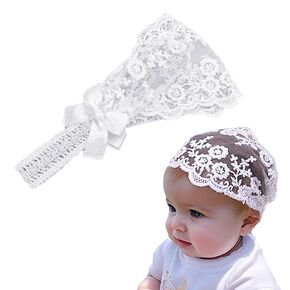 White Lace Christening Headband for Baby Girl Soft Cotton Flower Baptism Toddler Elastic Hairband Bow Newborn Infant Hair Accessories for Birthday Party (White 3, Standard size)