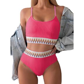 Limeeke Women High Waisted Bikini Sets Ribbed Color Block Two Piece Swimsuit Scoop Neck Bathing Suit