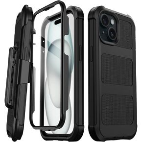 for iPhone 15 Plus Case, [Built-in Screen Protector] Military Grade Drop Protection Cover Heavy Duty Rugged Shockproof Phone Case for iPhone 15 Plus with Kickstand & Belt Clip Holster (Black)