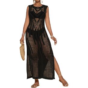 Bsubseach Crochet Beach Cover Ups for Women Hollow Out Sleeveless Swimsuit Cover Up Swimwear Bikini Coverup Dress