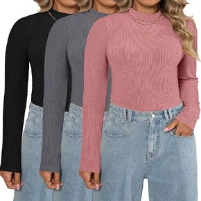Riyiper 3 Pack Women's Plus Size Mock Turtleneck Tops, Long Sleeve Slim Fit Ribbed T-Shirts Pullover Sweater Basic Layer Top