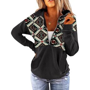 LEMAFER Women's 2024 Casual Aztec Cow Print Zipper Collar Pullover Sweatshirt Western Cowgirl Ethnic Style Hoodies