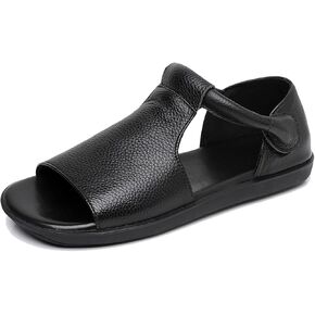 Women's Genuine Leather Round Open Toe Flat Roman Sandals Fashion Hook and Loop Casual Platforms Fisherman Sandals Comfort Softsole Non-Slip Beach Walking Sandal Shoes