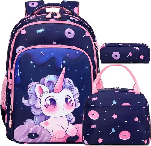 Kimwadalh Girls Backpack with Lunch Box Pencil Case for Elementary School, 3 in 1 Schoolbag with Chest Strap for School Girls in Saudi Arabia